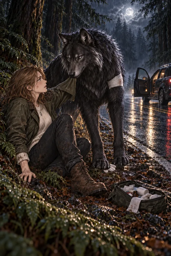 A black wolf stands guard over you after the crash in the rain