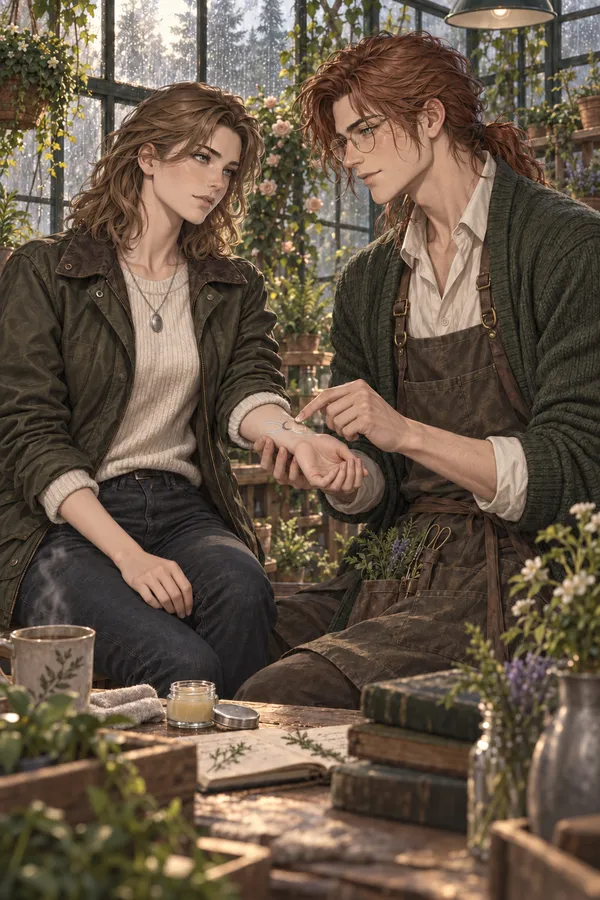 Silas traces the silver mark on your wrist in his greenhouse