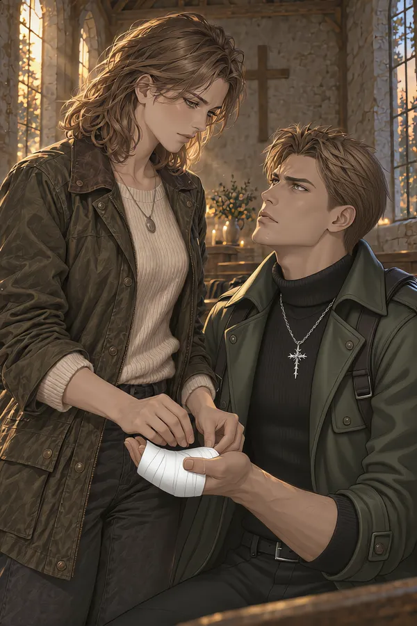You bandage Gabriel’s wound in the old chapel