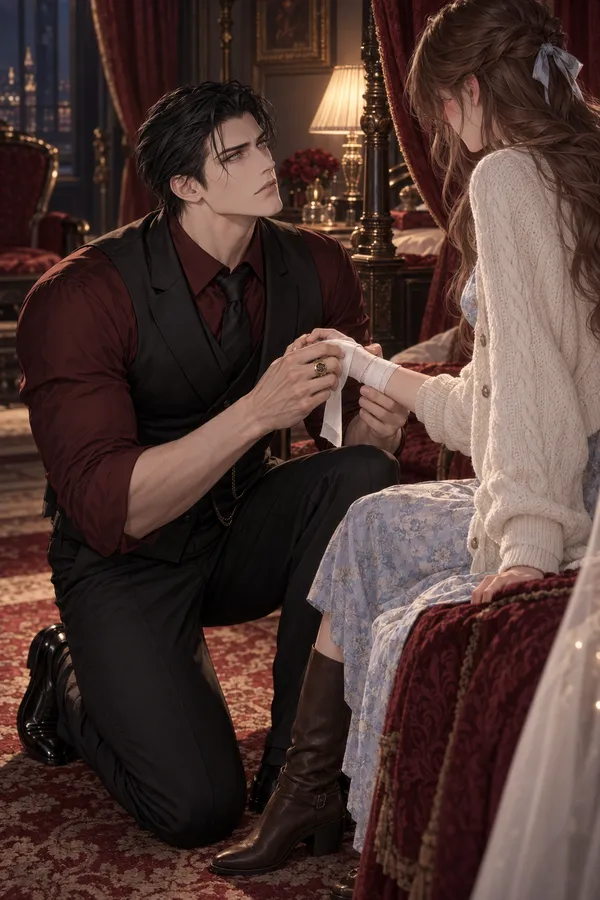 Dante kneels to rewrap the bandage on your wrist