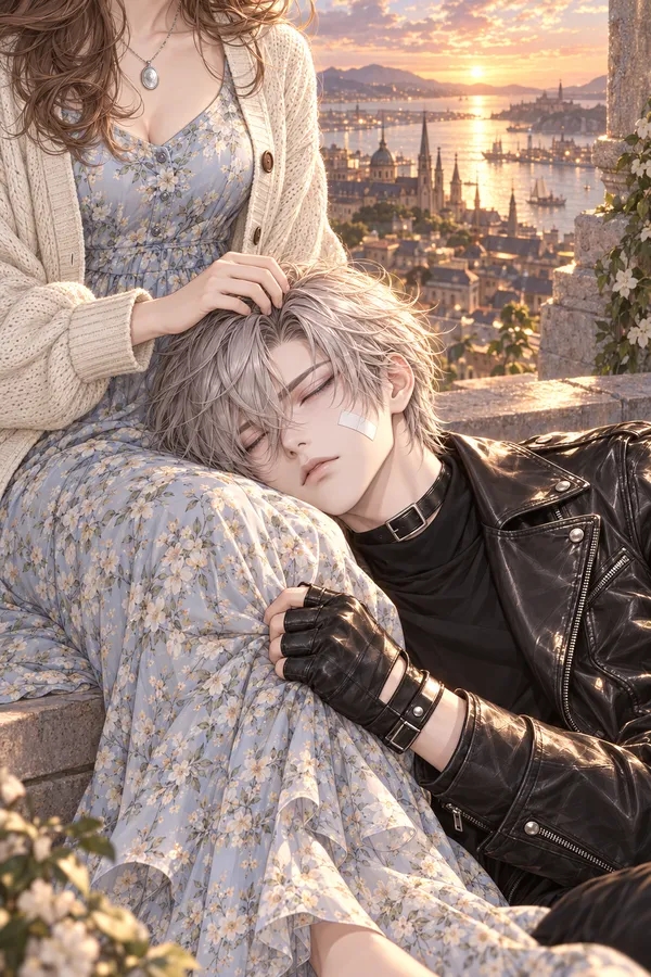 Luca falls asleep in your lap on the rooftop at sunset