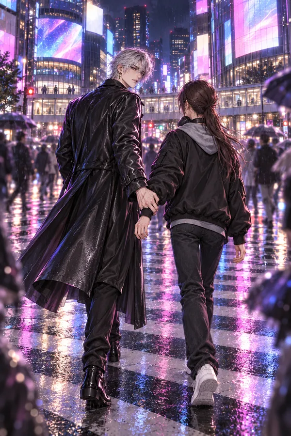Ash leads you by the wrist through rainy neon Shibuya