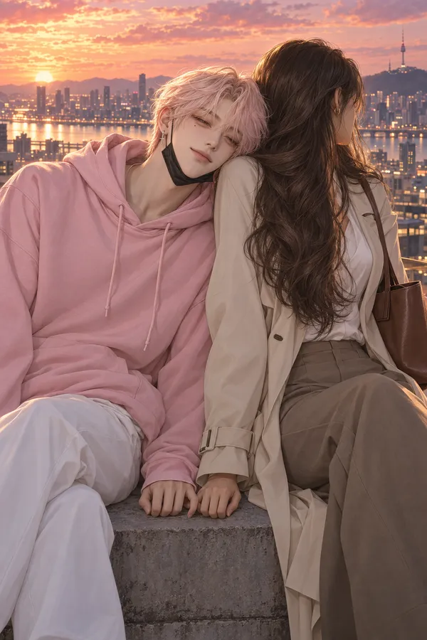 Eun-ho rests his head on your shoulder at sunset