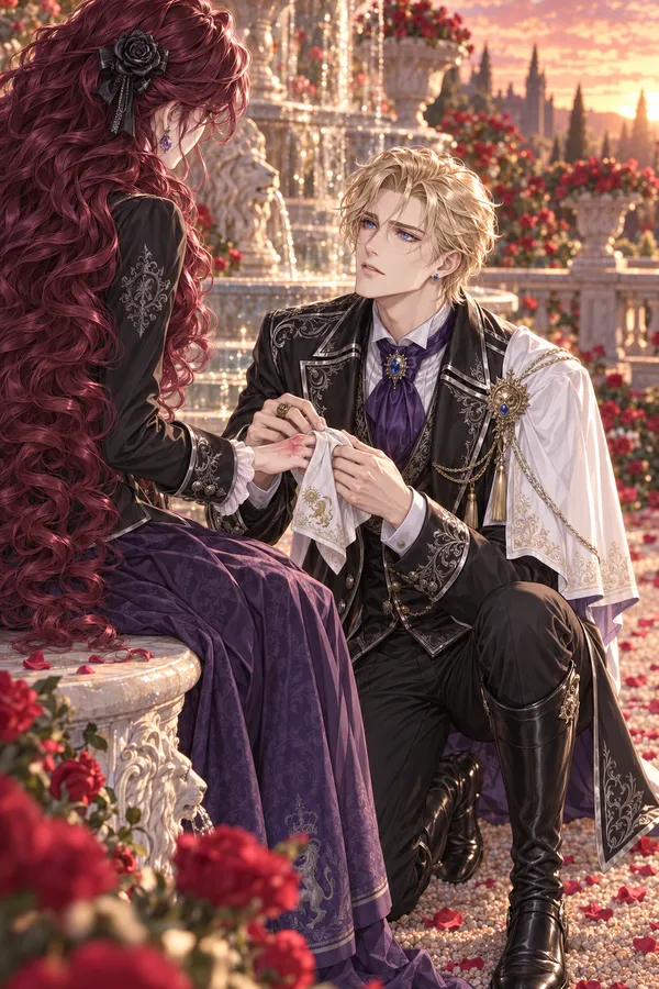 Alaric kneels in the rose garden to bandage your hand